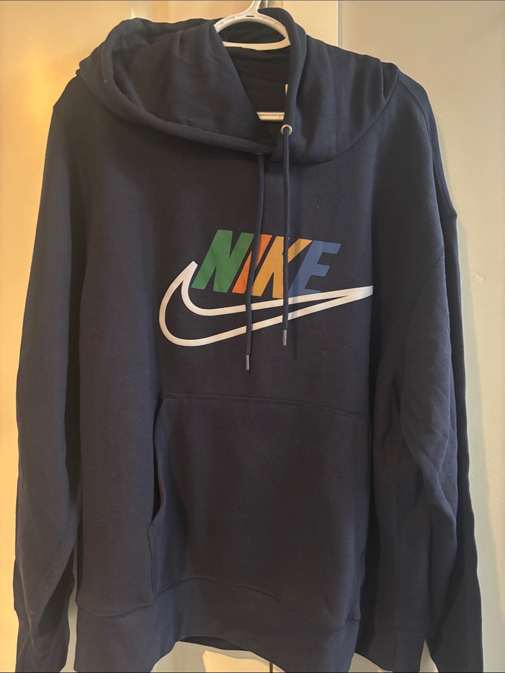 Nike Men's Navy Crewneck Hoodie with Multicolor Logo